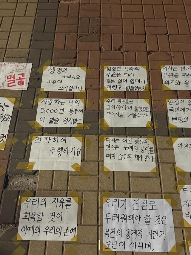 올림픽 공원 집회 참석했다가 돌아다니다가 인상깊은 문구들을 적은 종이를 테이프로 정성스레 붙이는 모습을 보았습니다

저는 이 글을 소리내어 읽으