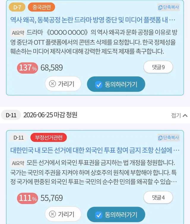 여러분 현재까지 청원 3건 5만명 이상 입니다 
부족한 청원들 적극 홍보 부탁 드립니다 🇰🇷🇰🇷😎
https://vforkorea.co