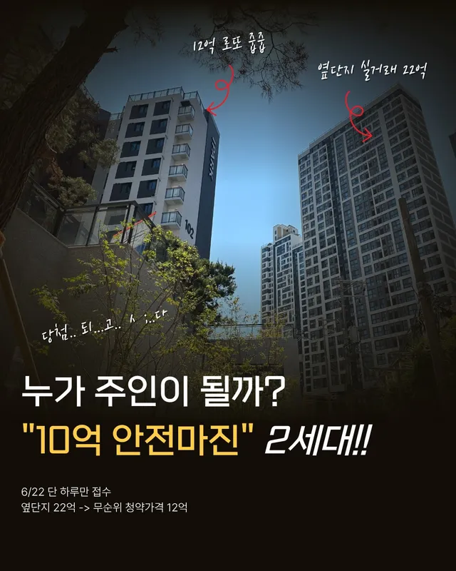 🔔단 2세대, 청약통장도 필요없는 10억 줍줍

분양가 12.7억 , 시세 22.5억
📍안전마진 약 10억
📍갭투자 가능 

⭐️2호선 강