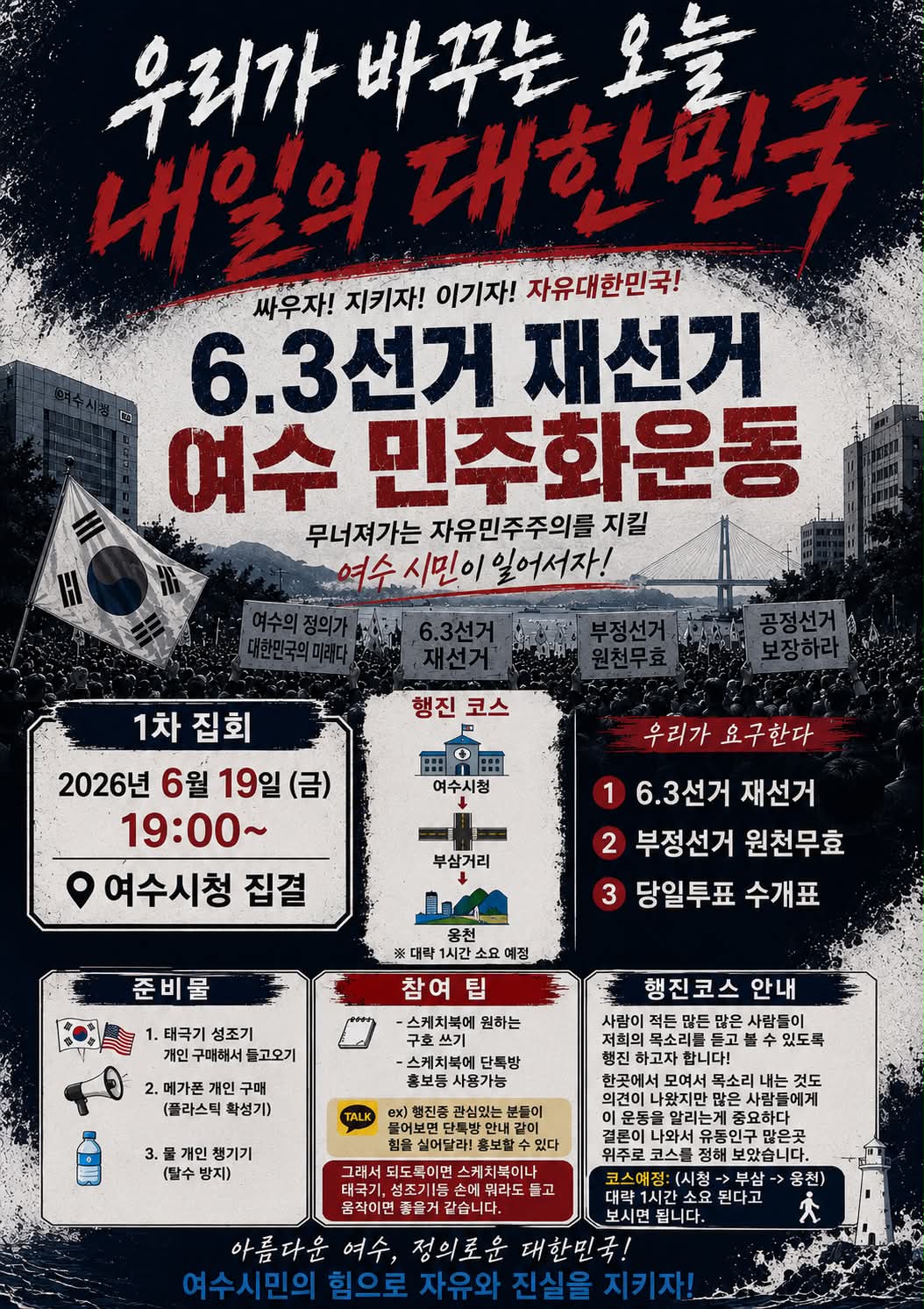 안녕하세요
6/19 여수 공정선거 시민행진
운영진입니다

6/19 19:00 시청정문 집결입니다.
많은분들이 알수있도록 
퍼트려주세요!

참석 