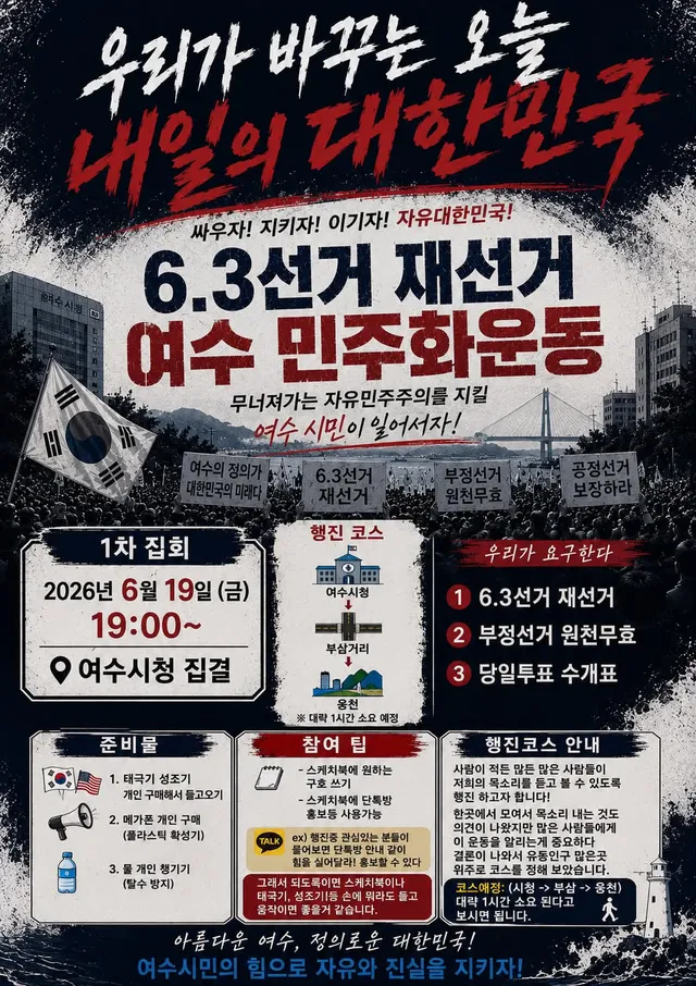 안녕하세요
6/19 여수 공정선거 시민행진
운영진입니다

6/19 19:00 시청정문 집결입니다.
많은분들이 알수있도록 
퍼트려주세요!

참석 