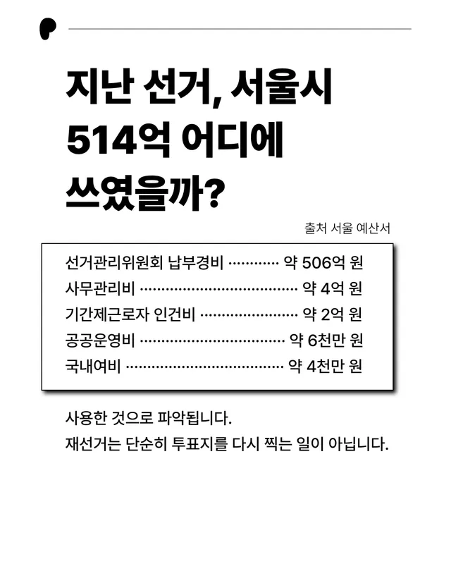 🚨 재선거는 공짜로 치러지지 않습니다 

지난 6·3 지방선거의 초유의 투표용지 부족 사태 이후, 분노한 유권자들 사이에서 '재선거'를 요구하
