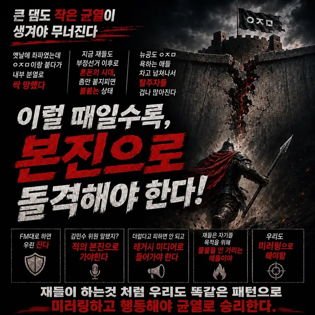 얘들아 우리 가장 중요한 전략을 잊고있었다.

큰댐도 작은 균열이 생겨야 무너진다.

나 옛날에 이낙연 지지자였고, 
내부 분열로 싹 망했거든?