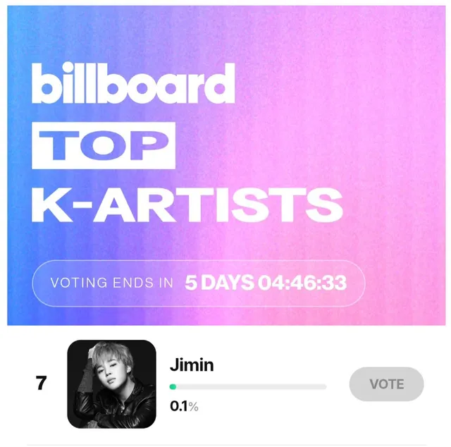🗳 Billboard TOP K-ARTIST(~6/23 1pm KST)

지민에게 투표해 주세요📣
🔗 https://t.co/mChcFzQ
