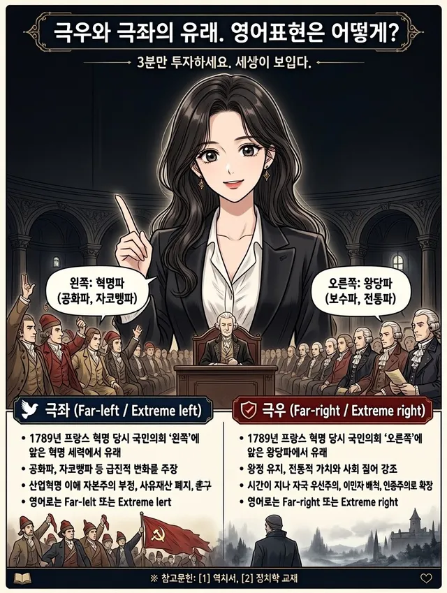 극우와 극좌의 유래. 영어표현은 어떻게?

극우와 극좌의 유래는 1789년 프랑스 혁명 당시 국민의회 좌석 배치에서 시작되었습니다.

의장석을 