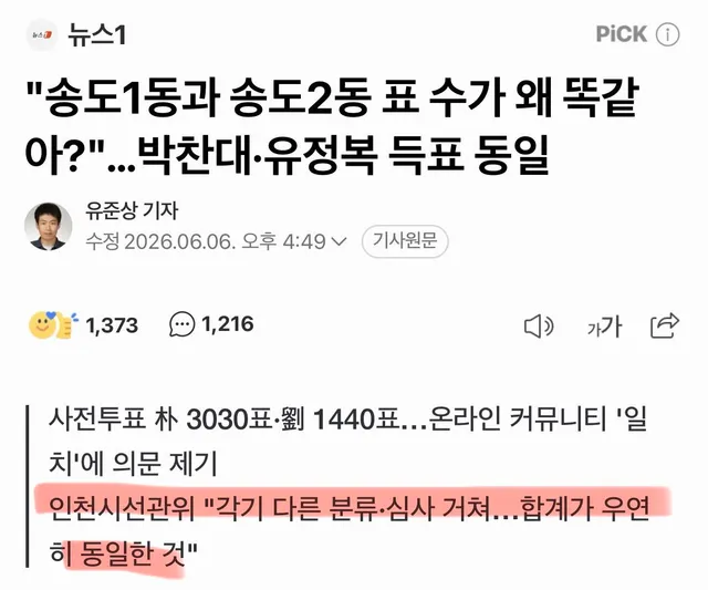 인천선관위 : 합계가 우연히 동일한 것