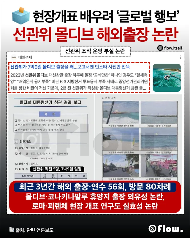 🗳️ 선거 관리 부실 논란을 넘어 조직 운영 전반으로 확산

📋 선관위 논란 총정리

✈️ 해외 출장 논란
 • 최근 3년간 해외 출장·연수