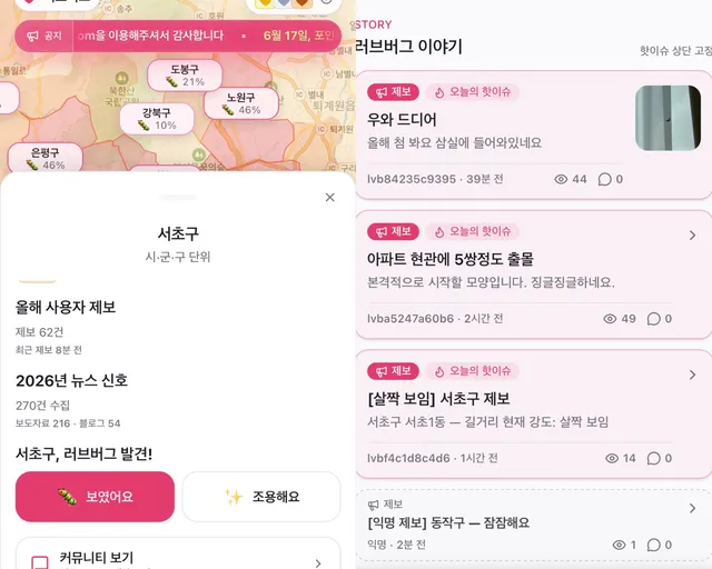 "앗 방금 러브버그 출몰"... 수다와 제보로 만들어지는 '참여형 지도'

참여형 지도는 이용자 제보로 러브버그, 저렴한 식당, 시위 현황 등 