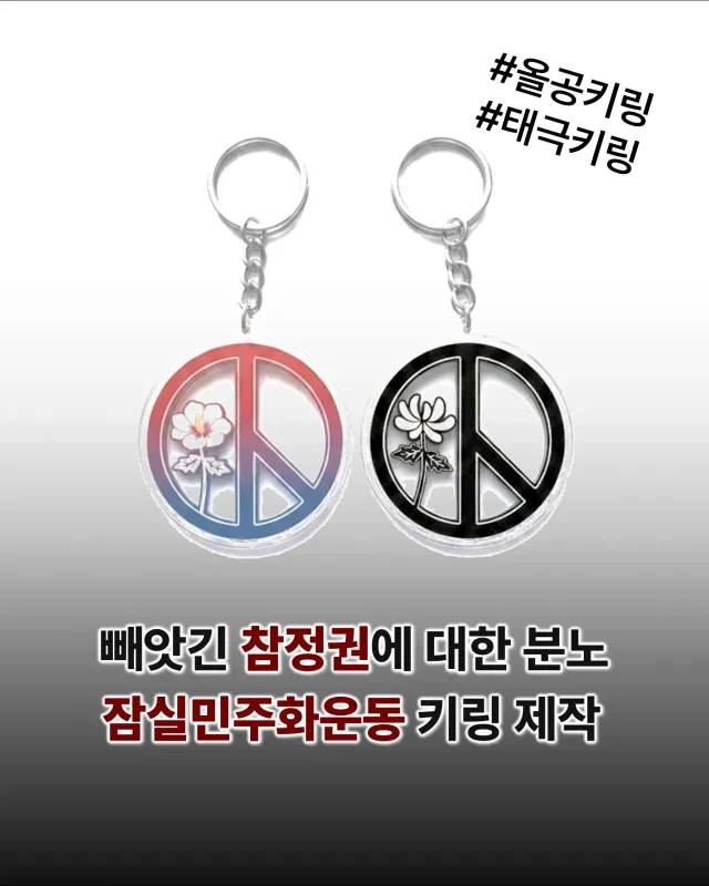올공키링을 만들었습니다 

태극기를 모티브로 

태극 ver : 잠실에 모인 국민들의 저항 
검정 ver : 잃어버린 참정권에 대한 추모 

두