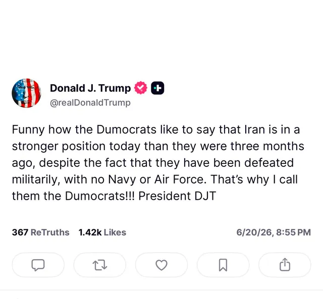 🇺🇸트럼프 대통령

재밌는 것은 멍청한 민주당원들(Dumocrats)이 이란이 3개월 전보다 지금 더 강한 위치에 있다고 말한다는 점입니다.