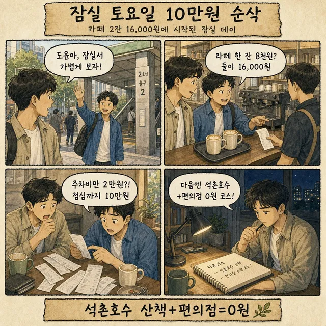 잠실서 가볍게 보자더니 10만원?

토요일 오전, 친구가 잠실역에서 손 흔들길래 가볍게 나갔어.
근데 라떼 한 잔이 8천원, 둘이 16,000원