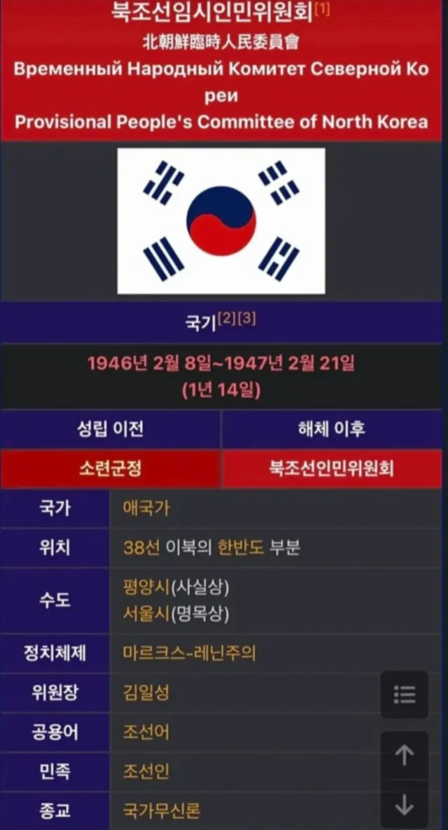 한국인들아 이거 보고 느끼는 점 없니? 태극기가 거꾸로 있고 임시인민위원회는 또 뭐니? 위원장은 또 뭐니?