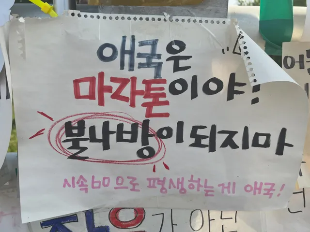 올림픽공원 야간인원들에게 뒤를 맡깁니다.
오늘 본 피켓 중에 가장 기억에 남는 것을 공유합니다.

애국은 마라톤이야! 불나방이 되지마.
시속 6