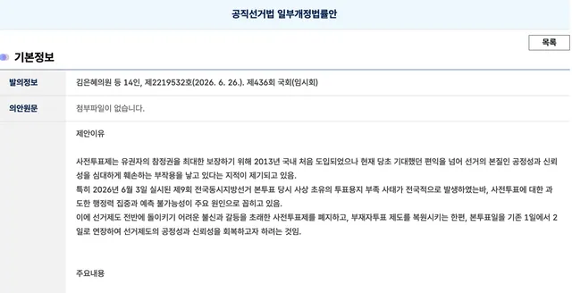 최근 6월 26일날 국힘 김은혜 의원이 발의한 '사전투표 폐지 법안(의안번호 2219532)'. 겉보기엔 우리가 그토록 외치던 부정선거 방지책 