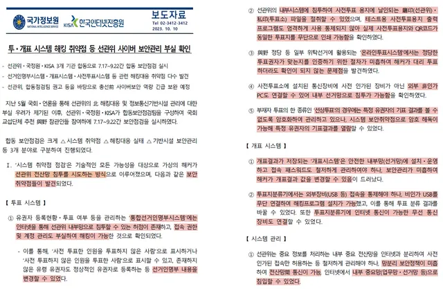 2023년 10월 10일 국정원에서 보도한
선거관리위원회 사이버 보안 관리 관련
부실 확인 보도자료입니다.
ㅡㅡㅡㅡㅡㅡㅡㅡㅡㅡㅡㅡㅡㅡㅡㅡㅡㅡㅡㅡ