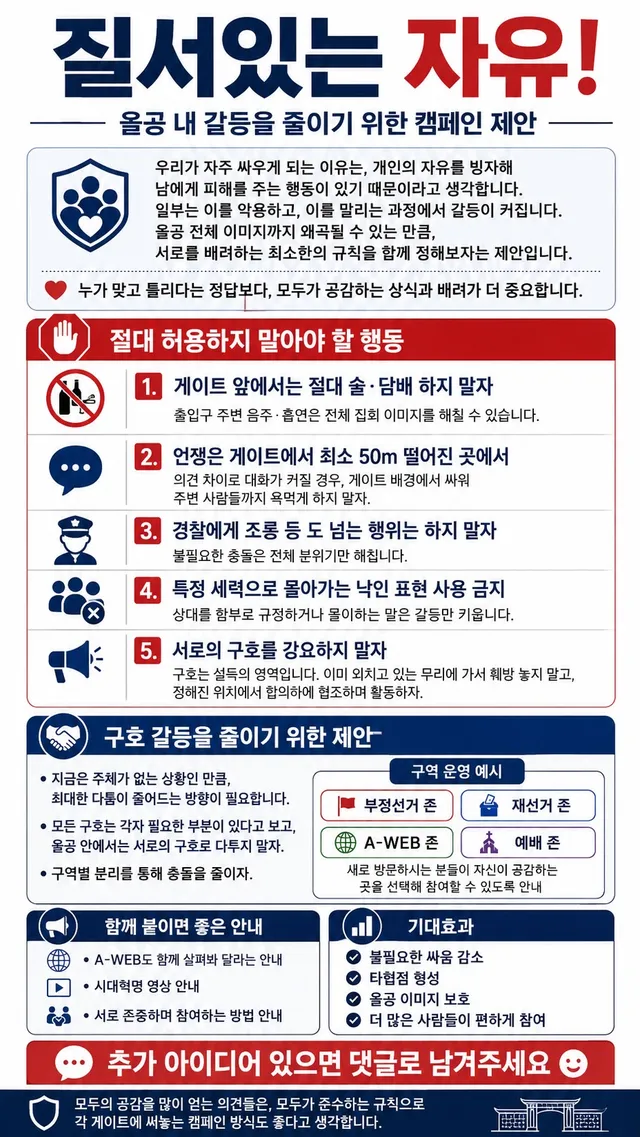 나는 누구보다 올공이 훼손되지않고 
지키고 싶은 입장인데 
아래와 같은 캠페인을 벌여보는건 어떨까해

사실 개인의 자유를 빙자해서 
타인에게 해