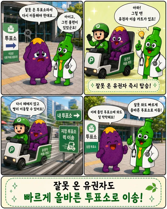 [사이다 해결책] 잘못 온 유권자 이송 카드

사이다 교수의 처방이 나왔습니다.

이름하여
잘못 온 유권자 이송 카드.

지정 투표소를 확인하지