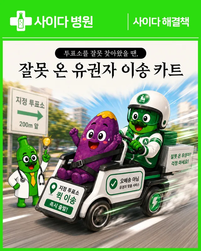 [사이다 해결책] 잘못 온 유권자 이송 카드

사이다 교수의 처방이 나왔습니다.

이름하여
잘못 온 유권자 이송 카드.

지정 투표소를 확인하지