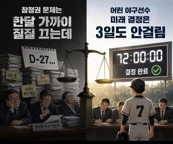 "참정권은 한 달, 야구소년 미래는 3일"… SNS 강타한 풍자화 한장

[더퍼블릭=정진철 기자] 최근 X(구 트위터)를 비롯한 주요 사회관계망