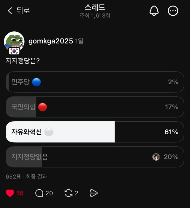자혁이 스레드 일짱이야? 비비지도 못하는 비율이네.
나한테 좌혁 좌혁 공격하던 애들은 다 민주당이야
국힘이야? 난 진짜 억울하다. 자혁 아니라는