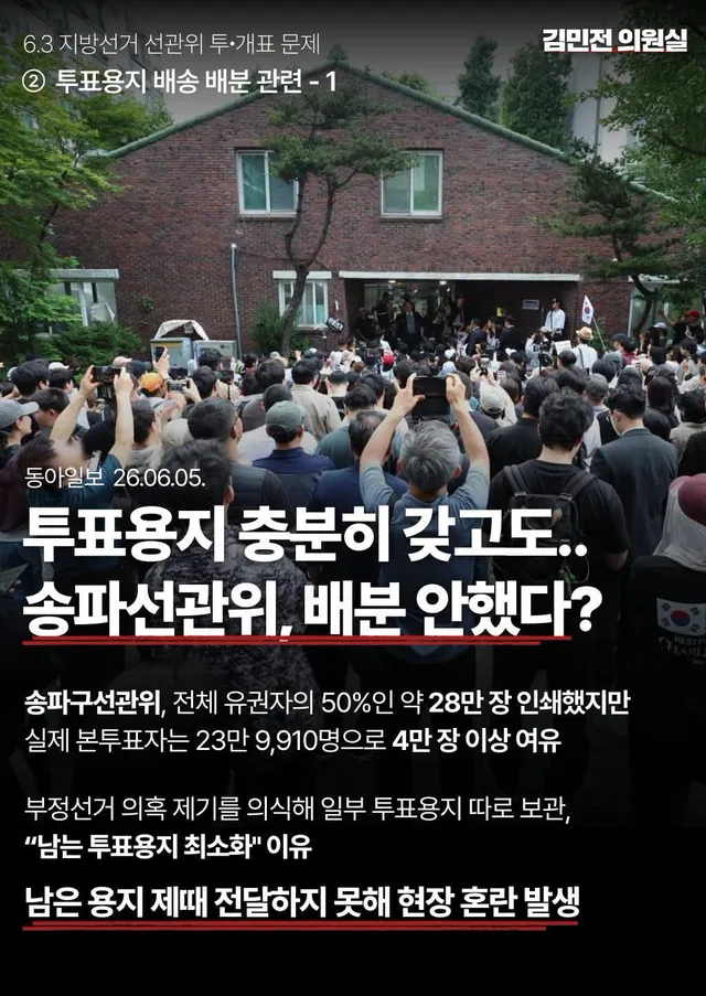 6.3 참정권 침해사건을 정리한다는 입장에서, 
저희 의원실이 정보제공해 기사화된 내용을 
정리했습니다. 

아래는 투표용지의 배송 및 배분 관