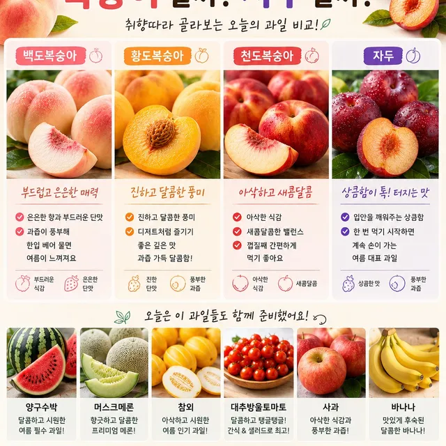 🤔 오늘의 고민! 복숭아 vs 자두 🍑🆚🍑

오늘은 손님들이 가장 많이 하는 질문입니다.

"사장님, 오늘은 복숭아가 맛있어요? 자두가 