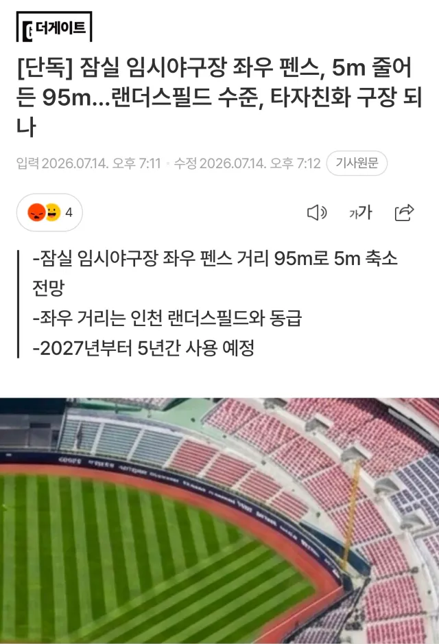 잠실 대체구장
기존 잠실야구장 보다 좌우 펜스 5m 줄어

재원아? 찬의야? 정빈아?