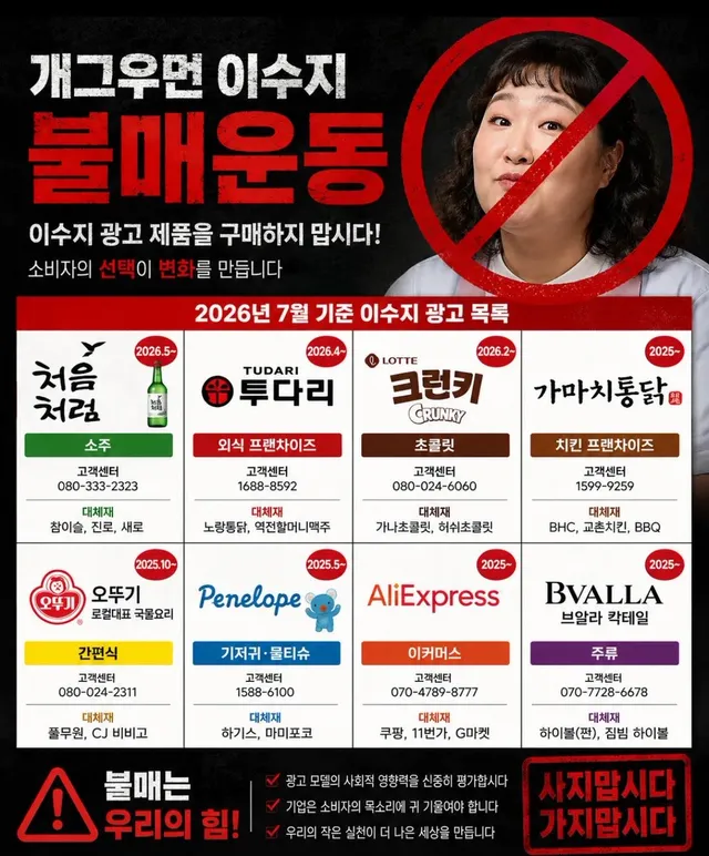 핫이슈지 채널의 공무원편 영상에
 재선거를 외치는 장편에 불편을 느끼는 극우님들께서 

이수지님이 계약된 광고 불매 운동을 벌이고 있어요. 

