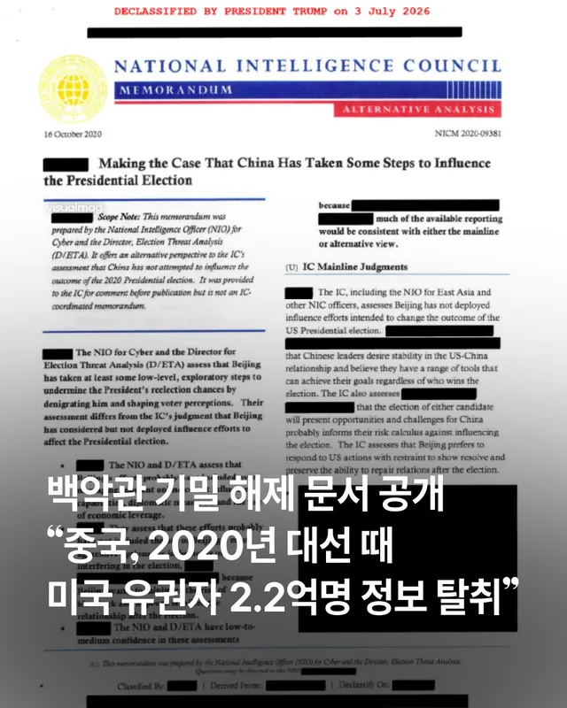 백악관 정부투명성 TF가 미 정보당국 내부 문건 등이 담긴 기밀 해제 문서들을 공개했습니다. 해당 문서들에는 중국, 이란, 북한 등 국가와 비국